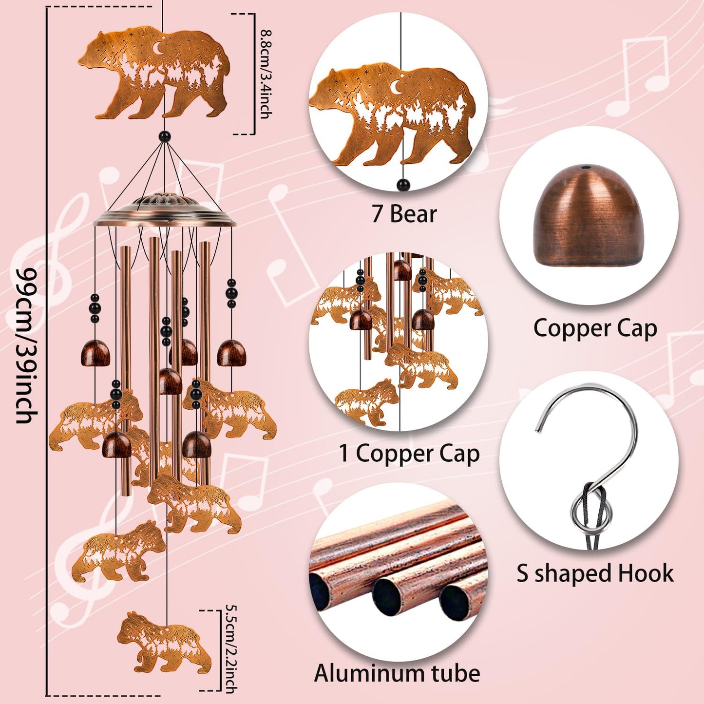 Bear Gifts Wind Chimes for Outside - Luvsweets Bear Gifts for Women Men, Sympathy Memorial Metal Wind Chimes for Outdoors Garden Yard Decor, Birthday Housewarming Christmas Mother‘s Day Presents