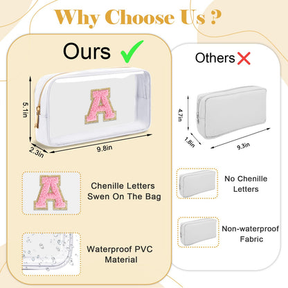 UIXIZQ Personalized Initial Letter Clear Makeup Bag,Preppy Small Nylon&PVC Cosmetic Zipper Bag with Chenille Letter,Travel Skincare Toiletry Bag,Monogram Christmas Gift for Teen Girls Women,B