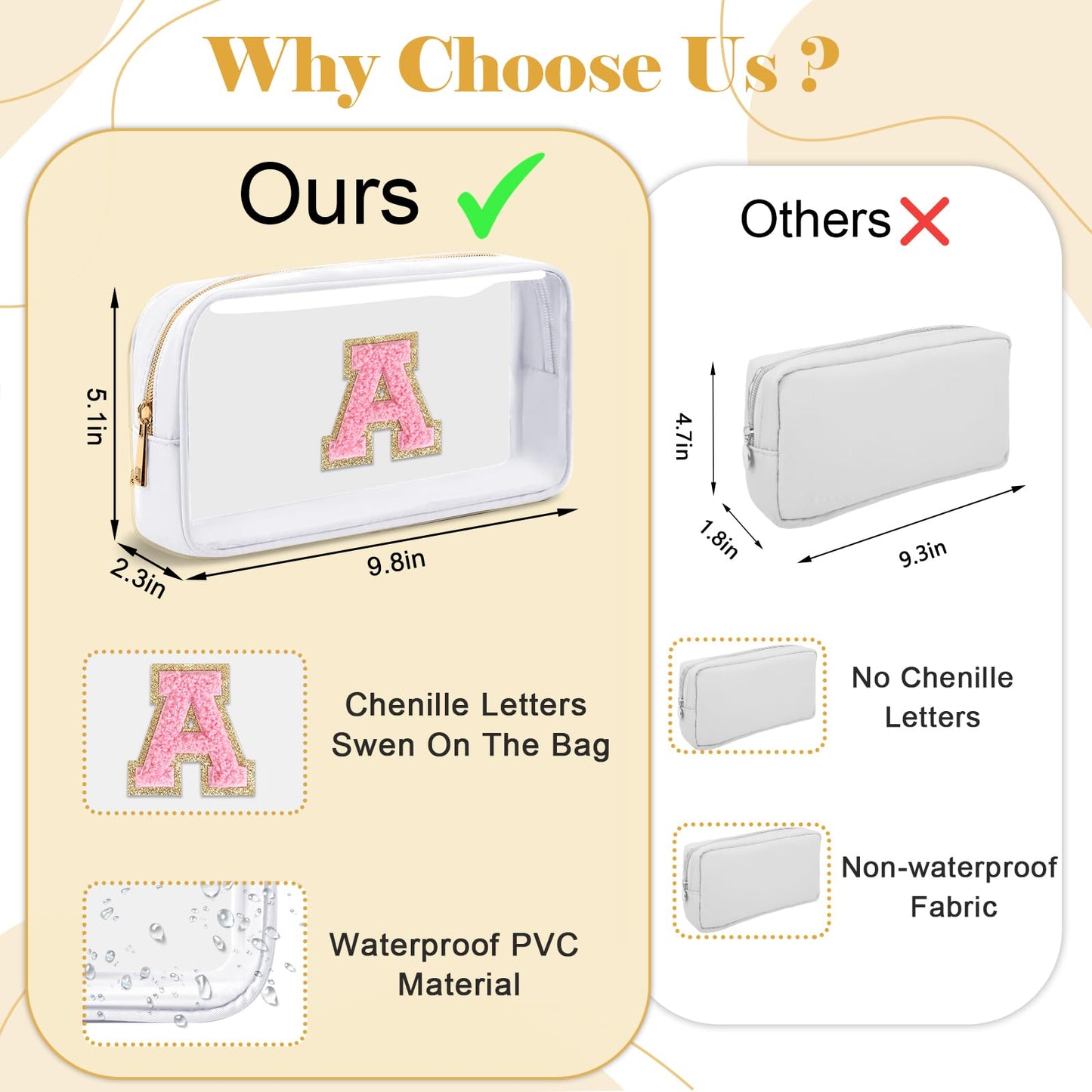 UIXIZQ Personalized Initial Letter Clear Makeup Bag,Preppy Small Nylon&PVC Cosmetic Zipper Bag with Chenille Letter,Travel Skincare Toiletry Bag,Monogram Christmas Gift for Teen Girls Women,L