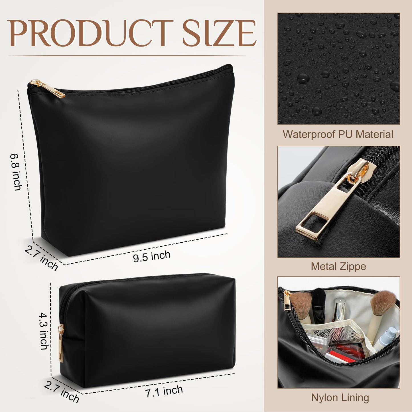 Kigeli 2 Pcs PU Leather Makeup Bag Set for Women Waterproof Aesthetic Cosmetic Bag Large & Small Travel Toiletry Organizer Pouch Skincare Organizer Bridesmaid Mother's Day Birthday Gift(Black)