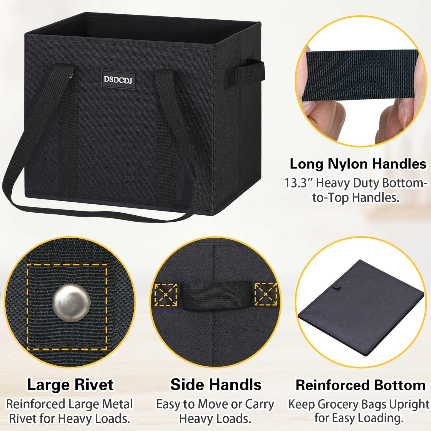 DSDCDJ Reusable Grocery Bags 3 Pack - Heavy Duty Reusable Shopping Bags with Hard Bottom & Long Handles, Stand Up Grocery Boxes Reusable Foldable, 13x10.23x11in, Black