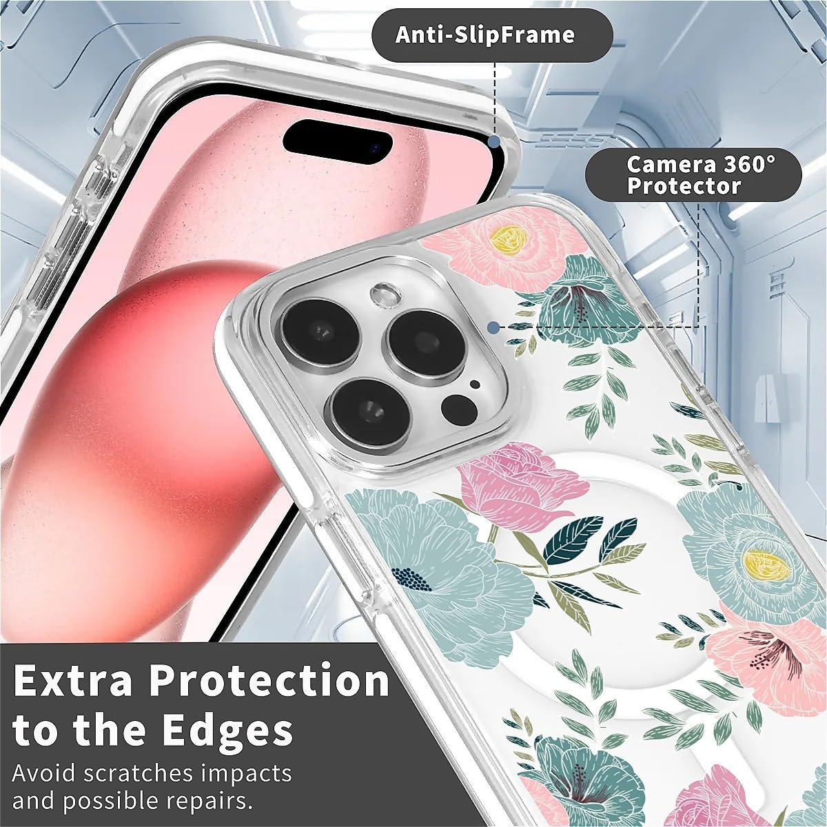 TAMEFOX for iPhone 15 Pro Max Clear Case, Campatible with Magsafe,Blue Red Camellia Soft TPU Slim Magnetic for Women Girl Protective Case for iPhone 15 Pro Max-6.7 Inch (White)
