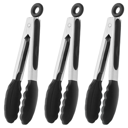 Small Silicone Tongs 7-Inch Mini Serving Tongs, Set of 3 (Black Gray White)