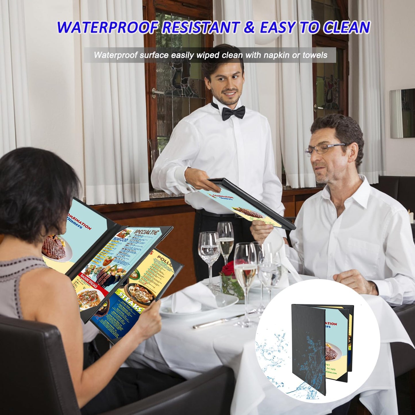 3 Packs of Leather Menu Covers Holders with Strong Wood Inside for 8.5x11 Inches,Four Views Leather Menu Holder for Wine List, Drinks, Cafes, Bar, Hotel,Cocktail(8.5" x11", 4 View-Book Style/3 pcs)