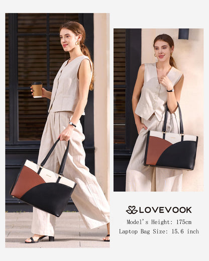 LOVEVOOK Laptop Bag for Women,15.6 Inch Work Teacher Bags Leather Tote Bag Briefcase Waterproof Computer Bag for Women，Black-White-Brown