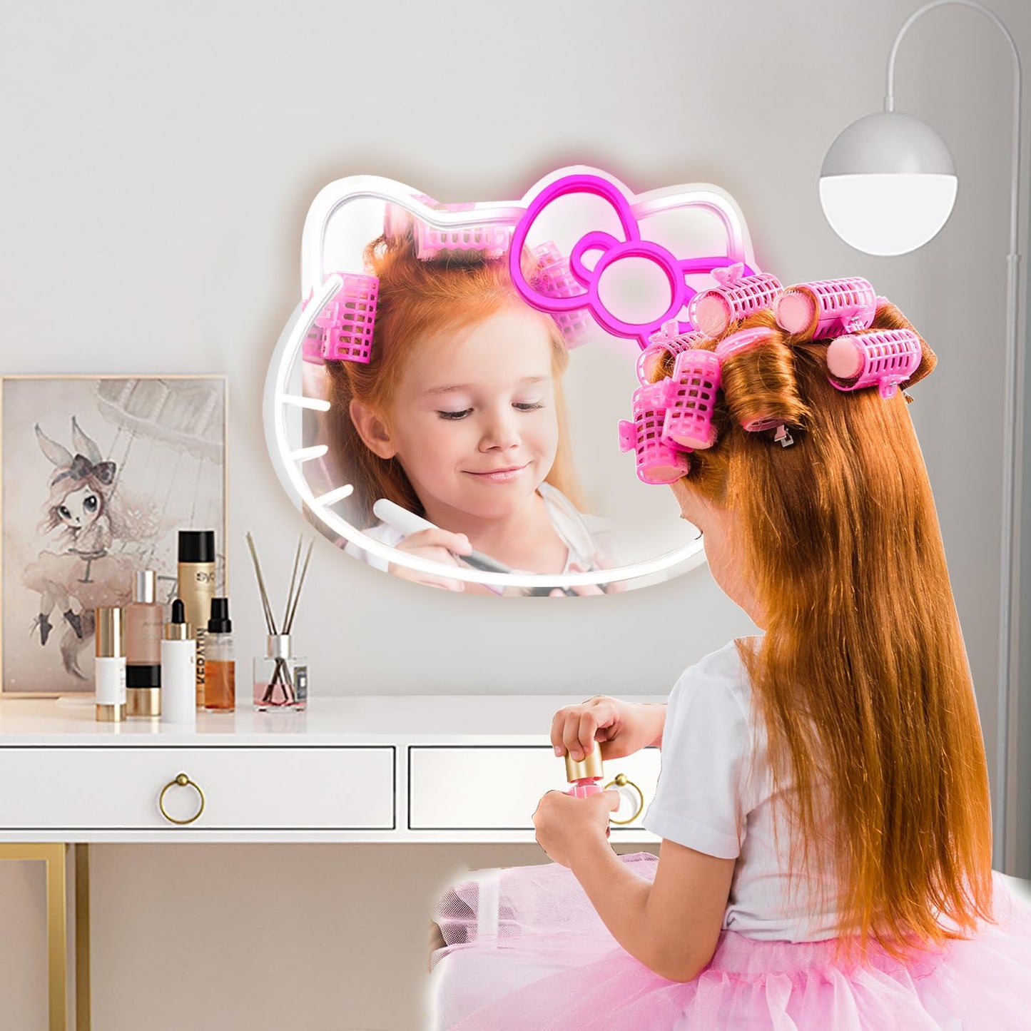 MCJSGSP Anime Hello Kit Mirror with Light Neon Signs for Wall Decor, Teen Girl Gift，Makeup Mirror neon Sign Room Decor (14.6 * 12.2 inch)