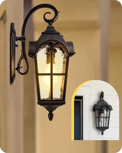 EDISHINE Dusk to Dawn Outdoor Wall Light, Roman Large Size Exterior Lantern Fixtures, E26 Base, Waterproof Porch Lights Wall Mount, Black Outside Wall Sconce, 2 Pack