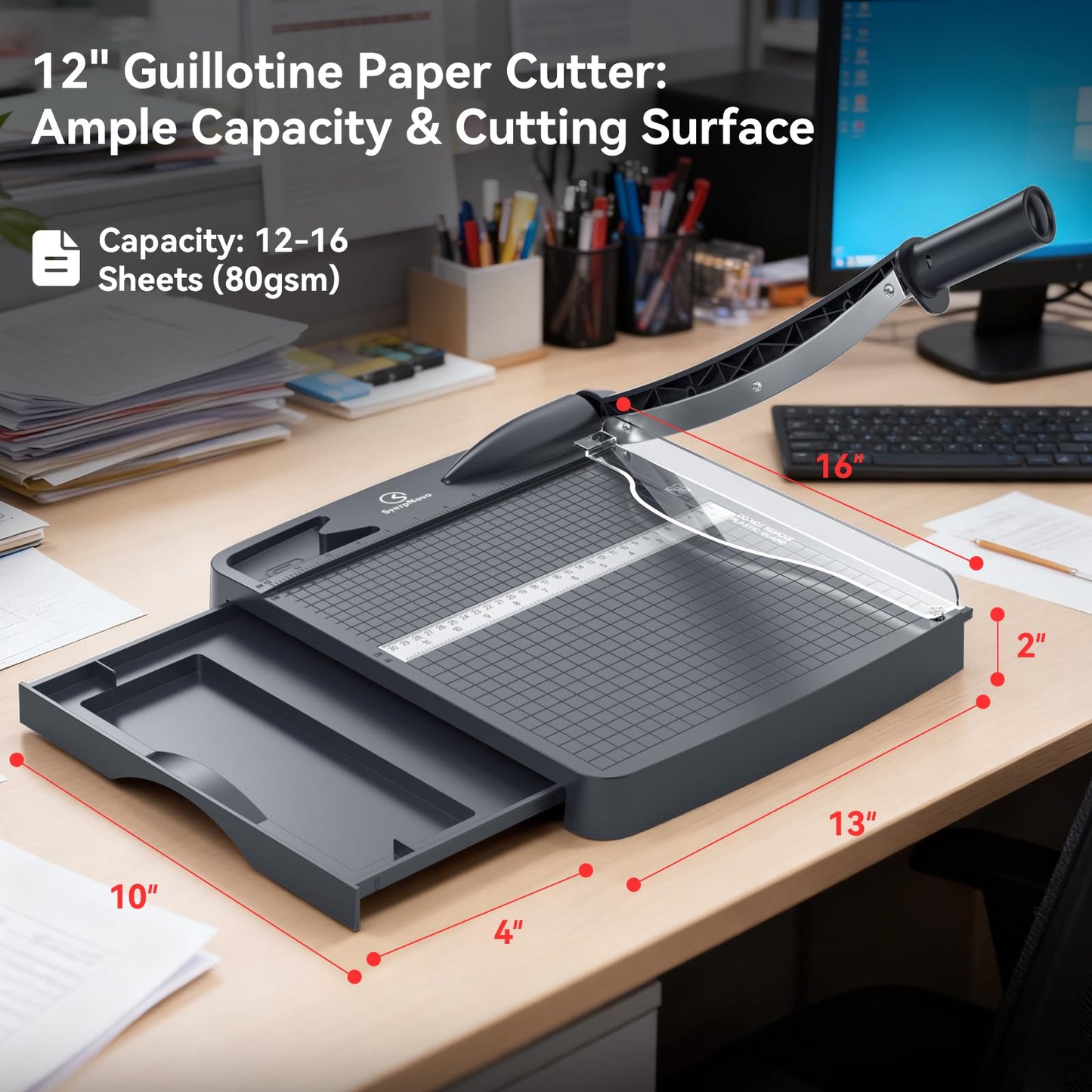 12 Inch Heavy Duty Paper Cutter, Guillotine Paper Cutter & Paper Trimmer, 12-16 Sheets Capacity Paper Cutting Board for Classroom, Crafting, Cardstock Gray