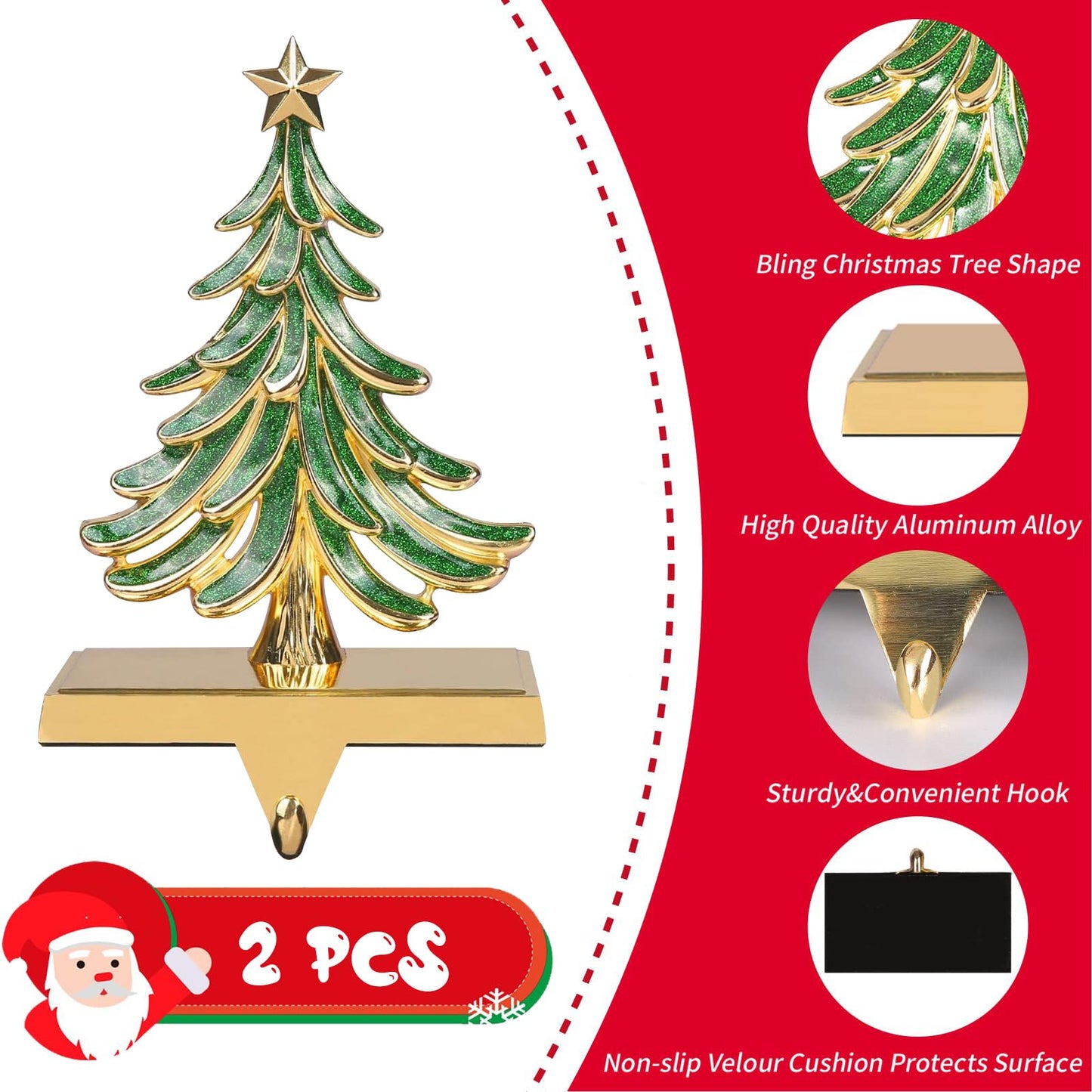 JUSTOTRY 2PC Christmas Stocking Holders for Mantle Glitter Green Xmas Tree Gold Stocking Holder for Fireplace Home Decor Holiday Gifts Christmas Decorations Supplies Non-Skid Durable and Sturdy