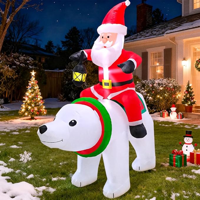 KOOY 6FT Christmas Inflatable Santa Claus with Polar Bear Build-in LED Lights Blow up Xmas Inflatables Decoration for Yard Garden Lawn Holiday Party