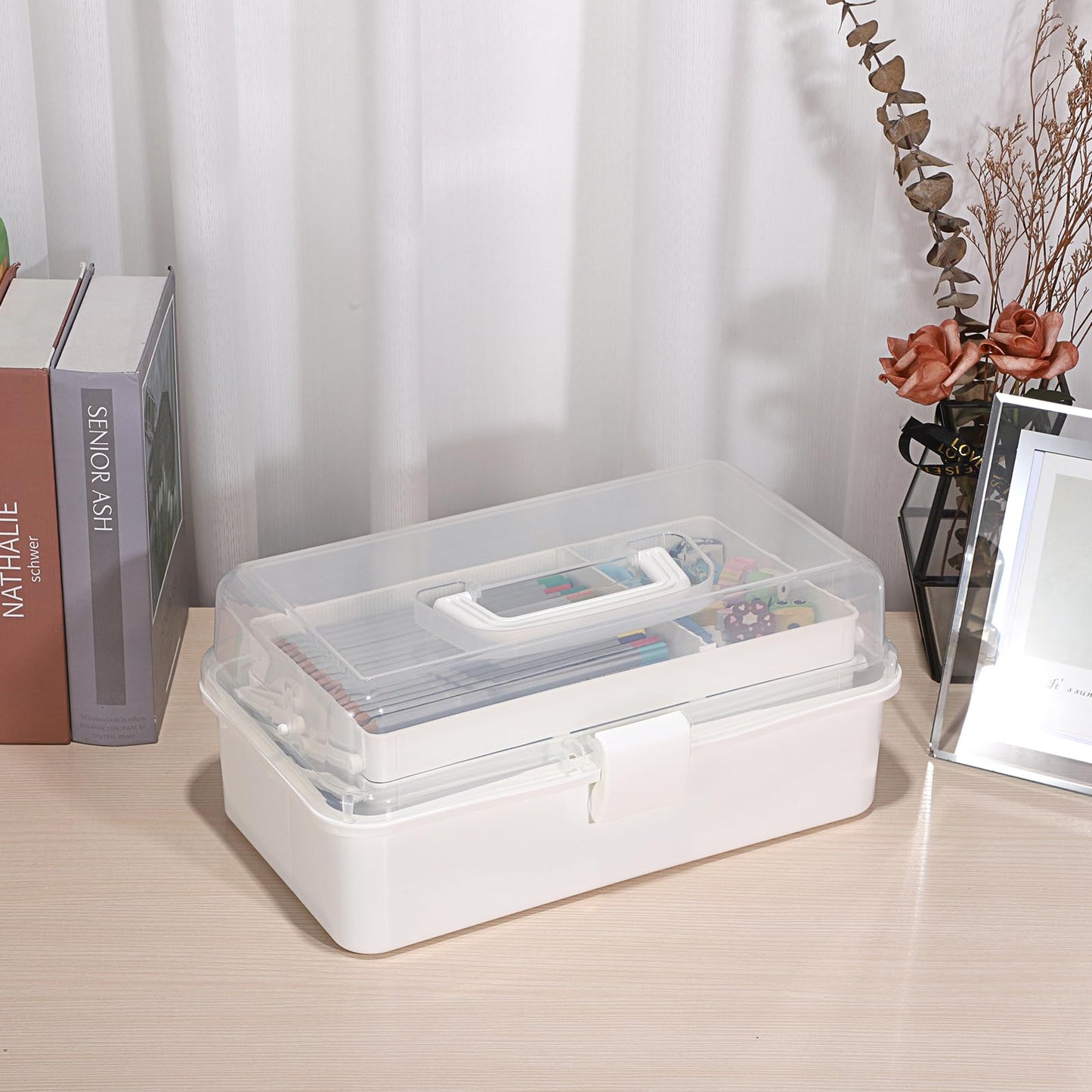 BTSKY 3-Layer Plastic Dividing Storage Box Craft Organizer with Adjustable Spacers Portable Handled Art Supply Organizer Multipurpose Home Utility Box for Medicine Box Sewing Box (Beige White)