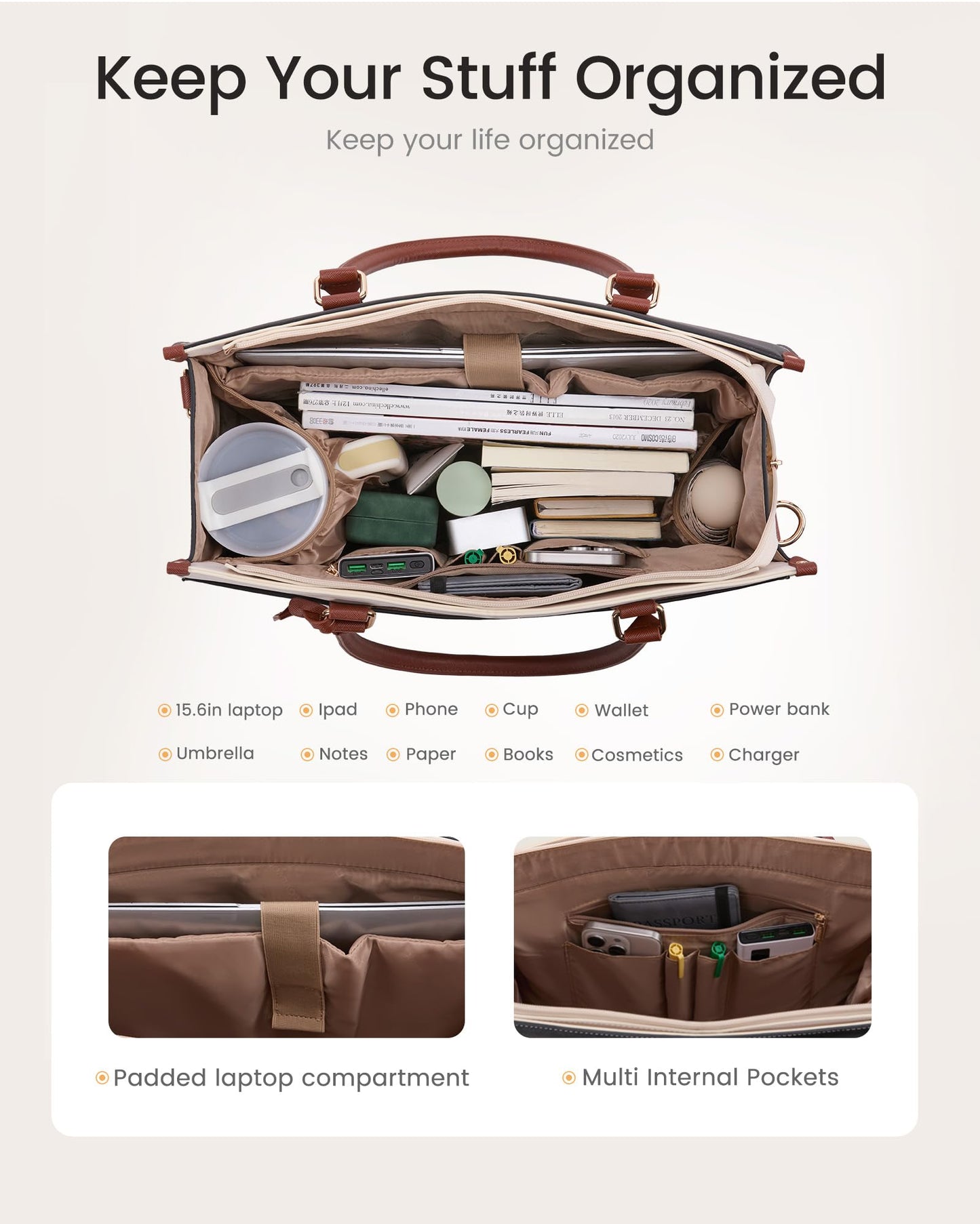 LOVEVOOK Laptop Bag for Women 15.6 inch, 2-in-1 Leather Structured Briefcase with Compartments and Clutch, Large Capacity Waterproof Multi Pocket Tote Bag, Brown