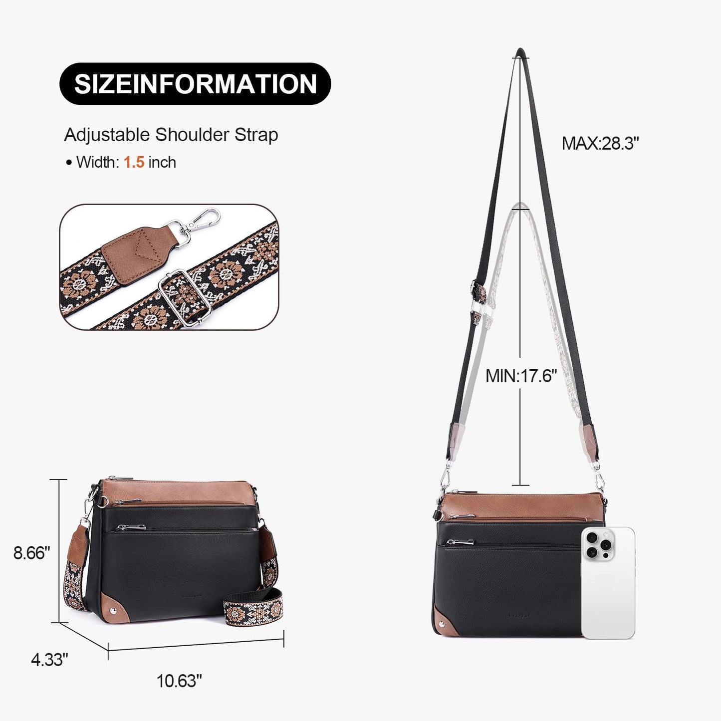 Lexiyat Crossbody Bags for Women Rfid Travel Crossbody Purses Leather Roomy Handbags Medium Shoulder bag with Adjustable Strap Blackwithbrown
