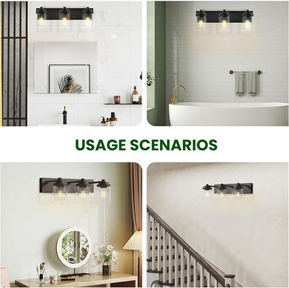 Bathroom Vanity Light, 3-Light Modern Black Vanity Light Fixtures with Clear Glass Shade, 22in Matte Black Bathroom Light Fixtures Over Mirror, Rustic Restroom Lighting Fixtures