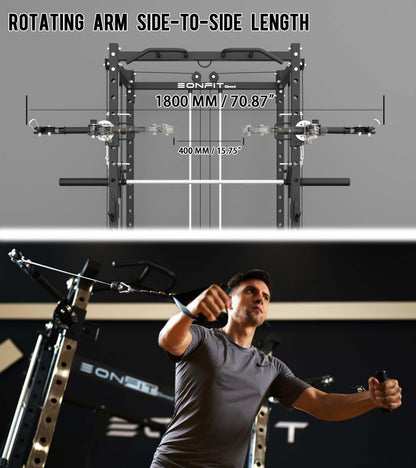 Eonfit E3 Smith Machine with 3D Rotating Arm for Home Gym Equipment, Multi-Function Power Cage Squat Rack with Cable Crossover LAT Pulldown Pulley System All in One (Black, PRO)