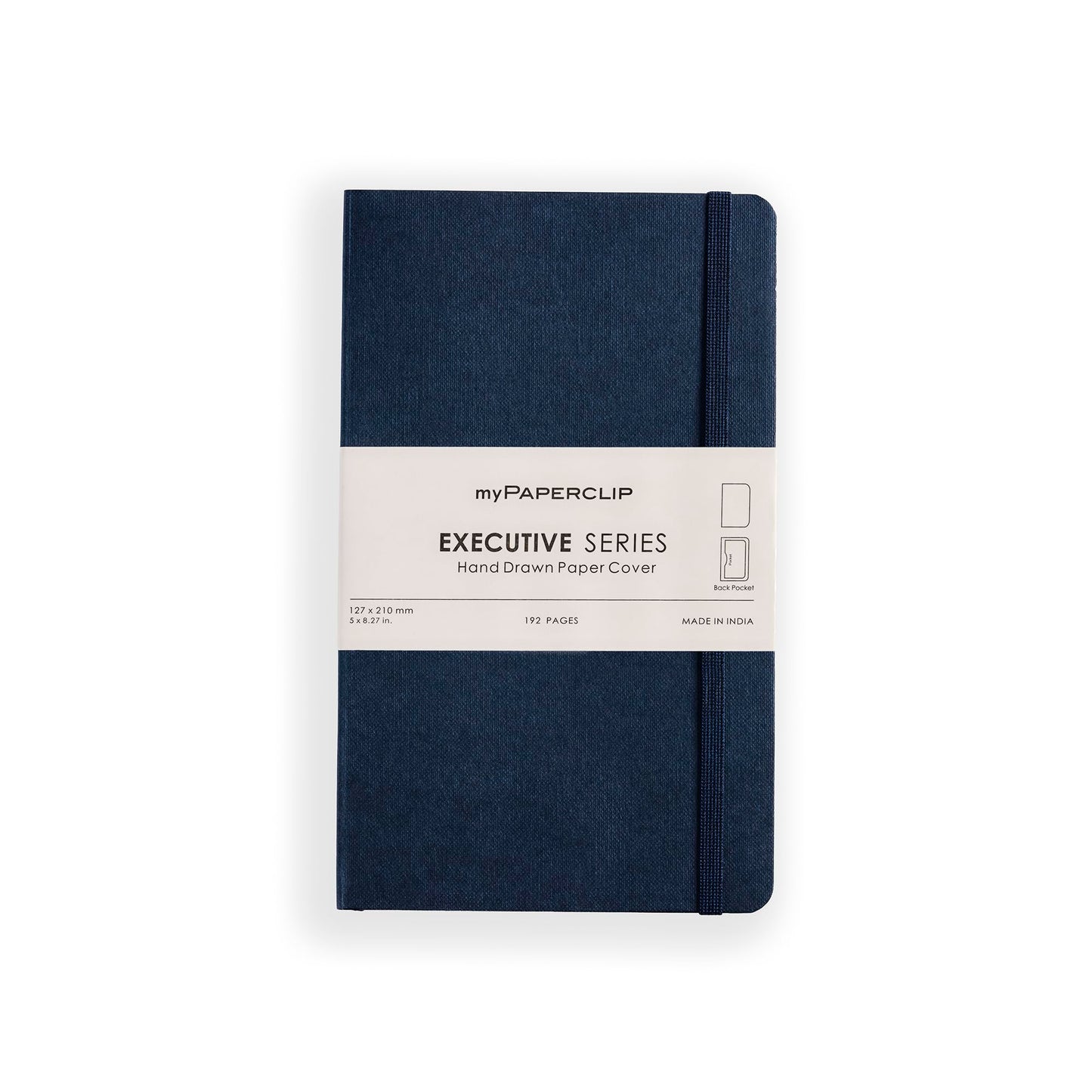 myPAPERCLIP Executive Series Medium Plain Notebook | 192 Pages, 80 GSM, Soft Cover, Medium Size (5 x 8.25 in) | Flat Lay | Bookmark, Elastic Closure & Back Pocket | Blue