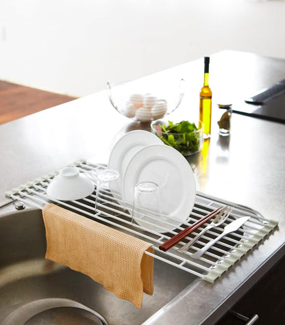 Yamazaki Home Plate Folding Sink Drainer Rack - Kitchen Dish Dryer Large White