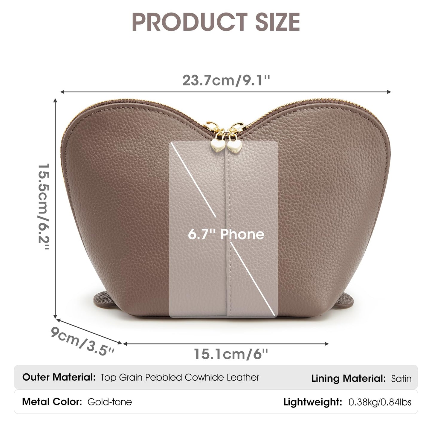 Kattee Leather Makeup Bag, Travel Large capacity Comestic Bag for Women, Heart Shaped Portable Organizer Toiletry Bag for Working,Khaki