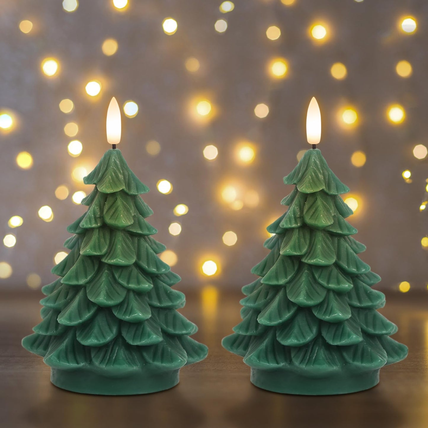 Eldnacele Christmas Tree Flameless Candle with 6 Hour Timer, Battery Operated Real Wax 3D Wick Flickering Pillar Green LED Candles Xmas Eve Holiday Decor (2Pcs,2.76"×5.9")