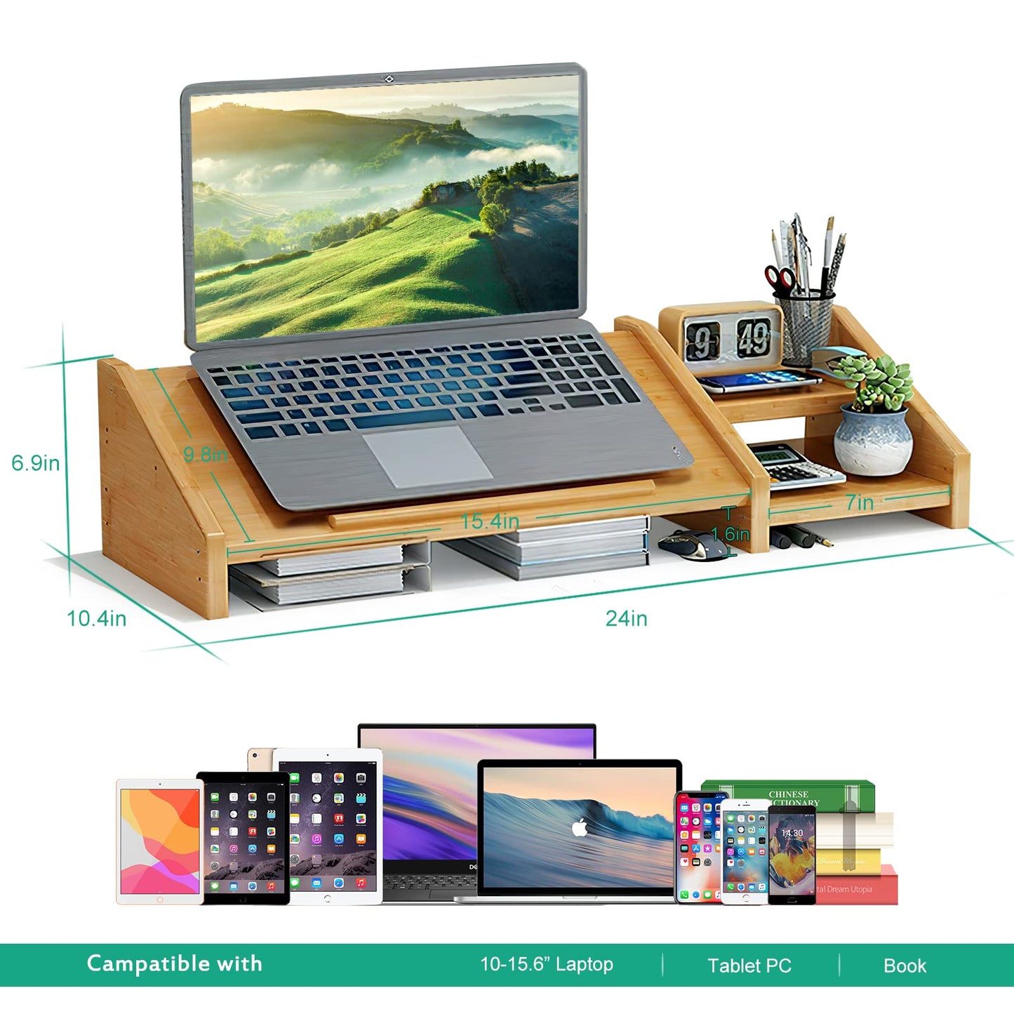 Ufine Bamboo Laptop Stand for Desk 3 Heights Adjustable Notebook Stand Computer Monitor Riser with 2 Tier Storage Shelf, Desktop Organizer Printer Stand for Home Office