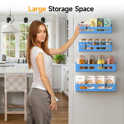 4 Pack Magnetic Spice Rack for Refrigerator, Spice Rack Organizer, Moveable Magnetic Shelf Fridge Organizer with 4 Hooks for Kitchen and Oven Organization, Black