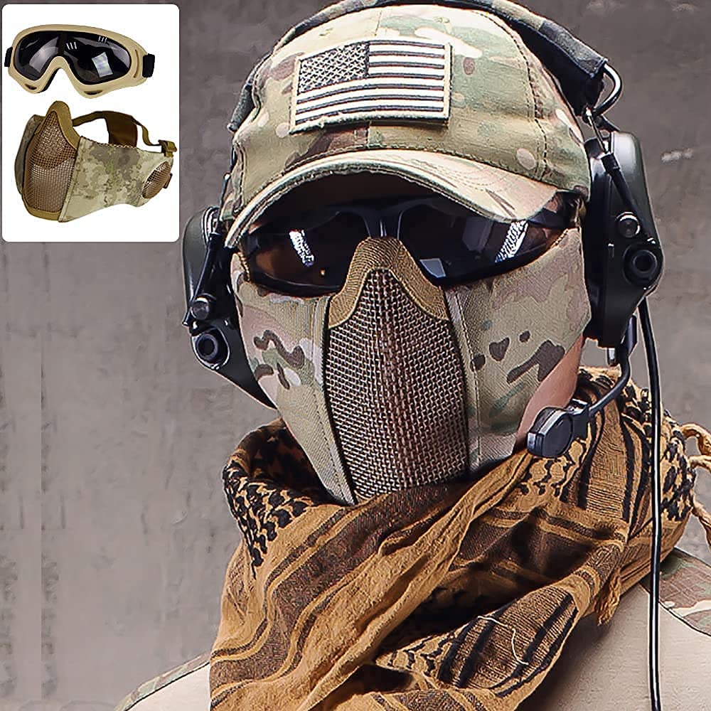 AOUTACC Airsoft Mask with Tactical Goggles,Airsoft Mask with Ear Protection, Airsoft Protective Gear Set for Adult Men Women BBS Paintball Shooting CS Survival Games Cosplay (at)