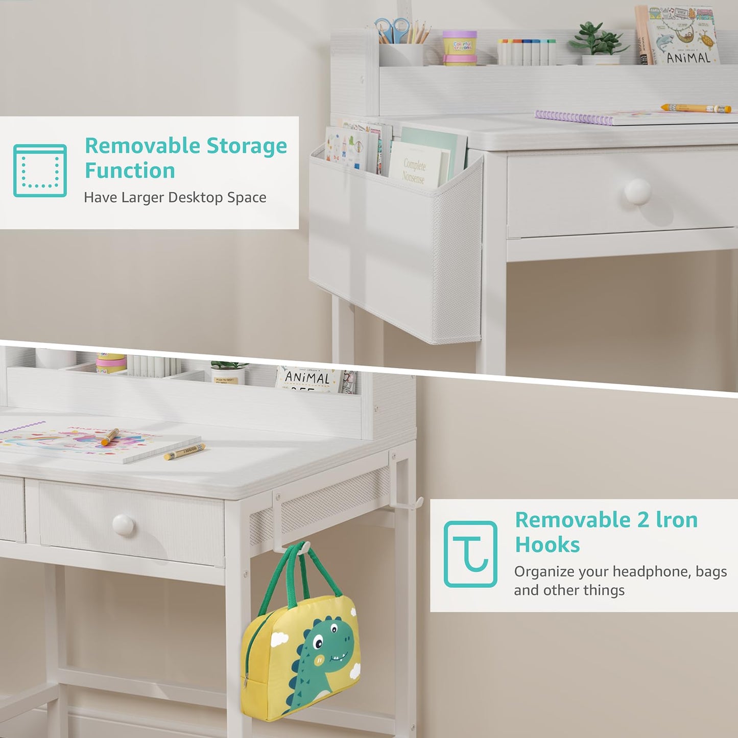 BOLUO White Kids Desk and Chair Set for 5-8 Year Old, Small Child Desk with Fabric Drawer, Children Study Table with Storage Toddler Girls Boys