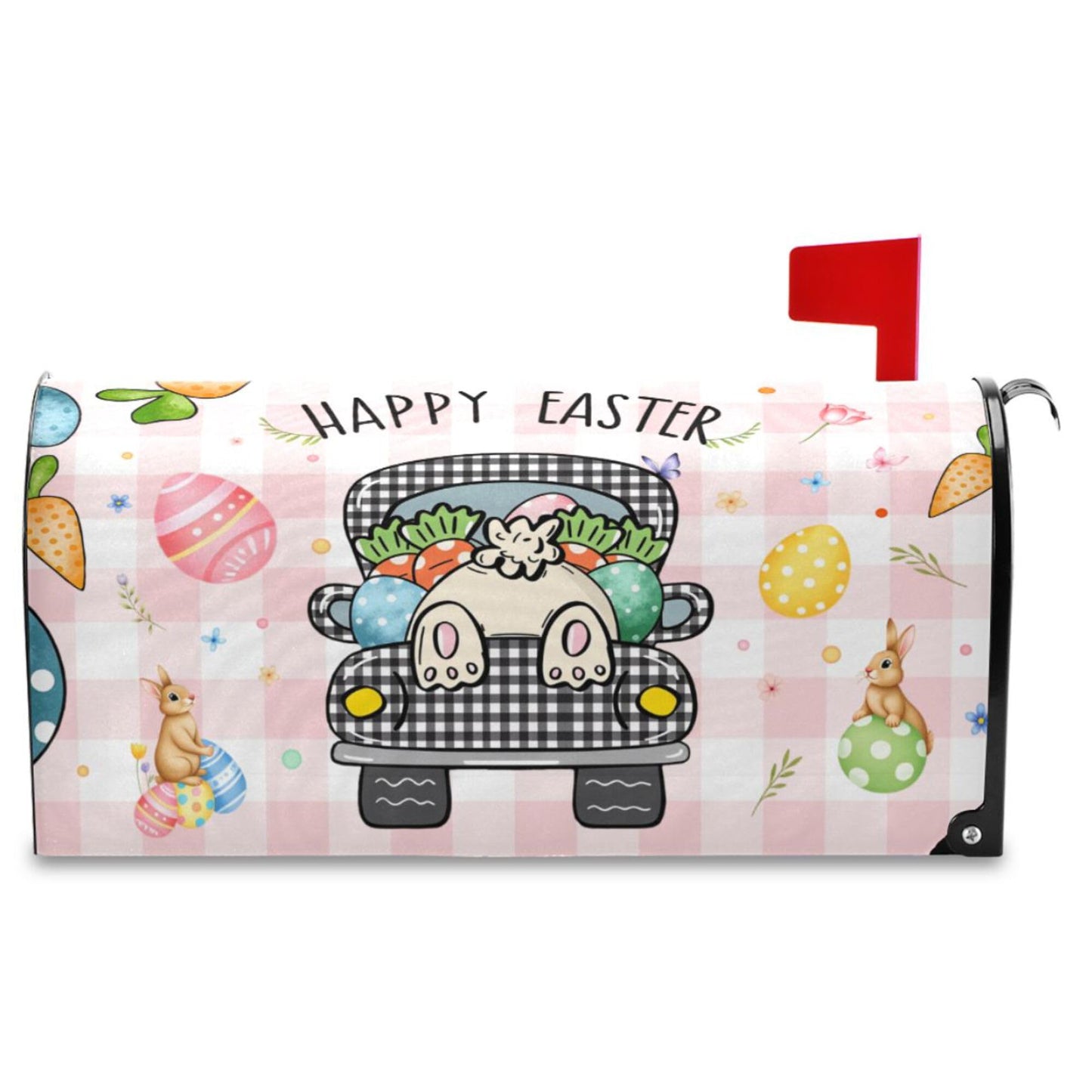Easter Bunny Black White Buffalo Plaid Mailbox Cover Standard Happy Easter Day Eggs Rabbit Welcome Spring Magnetic Mailbox Covers Garden Yard Porch Mail Boxes Cover Holiday Decorations 21" L x 25" W