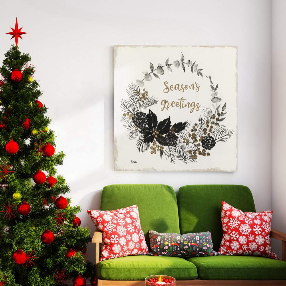 Renditions Gallery Season's Greetings Wreath Wall Art, Charming Christmas & Winter Artwork, Festive Word Art, Premium Gallery Wrapped Canvas Decor, Ready to Hang, 24 in H x 24 in W, Made in America
