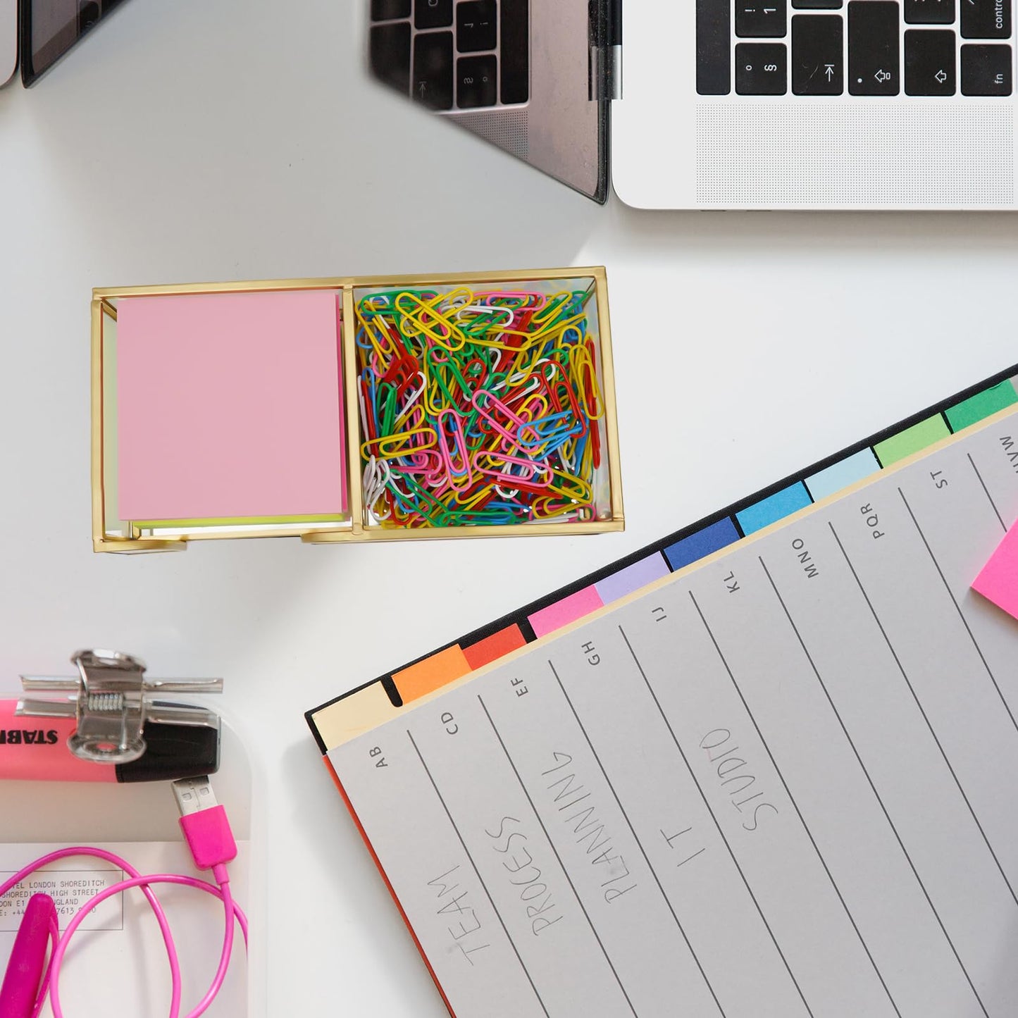 Shonmogar Glass Sticky Note Holder,2 Slots Gold Post It Note Dispenser for Desk,3 x 3 Inch Post It Note Holder, Stylish Sticky Note Dispenser for Home Office Desk Table Drawer