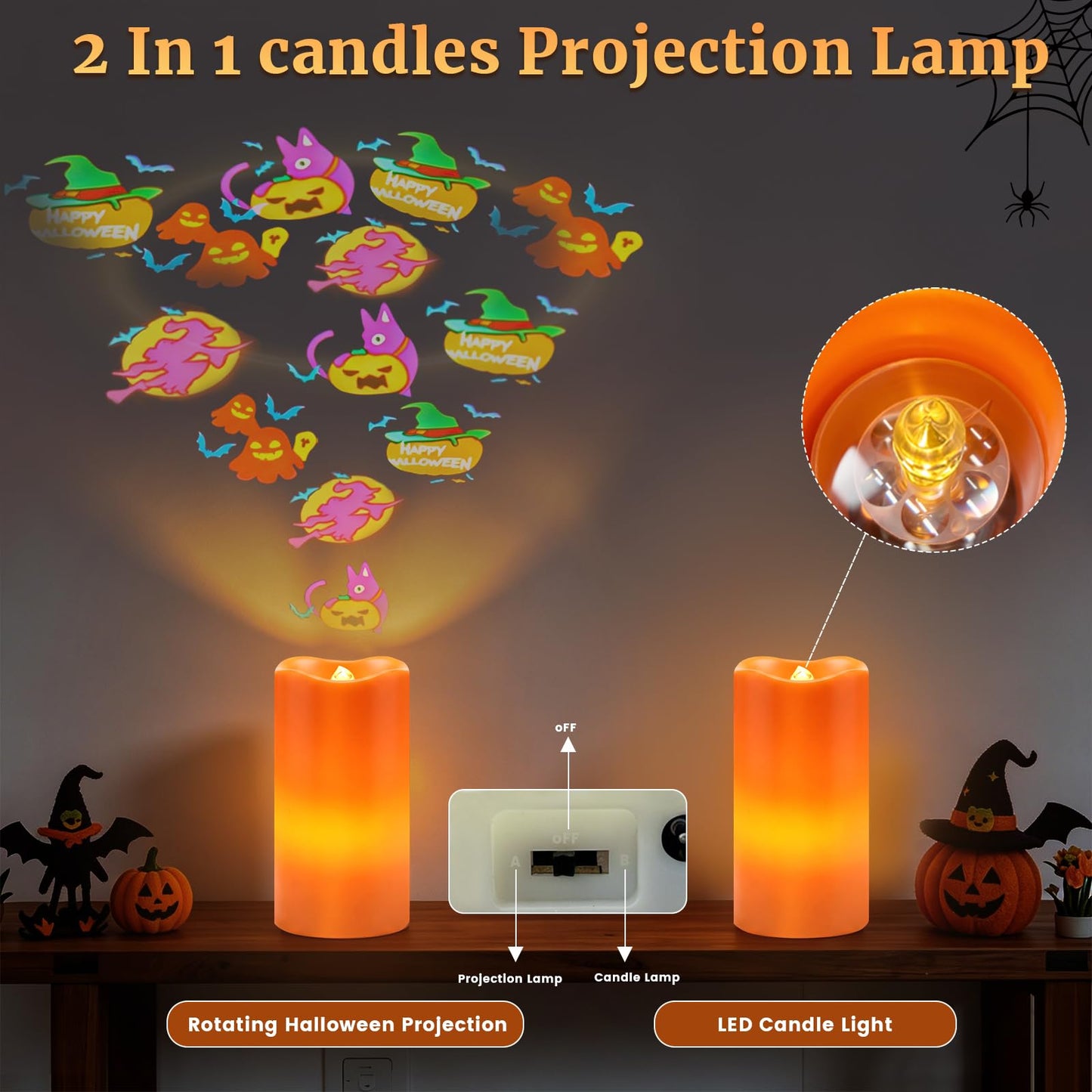 AVEKI Halloween Flameless Candles Projector, LED Pillar Candles with Remote and Timer, Battery Operated Romantic Projection Light for Wedding Home Decor, Gifts for Festival (Orange - Halloween)