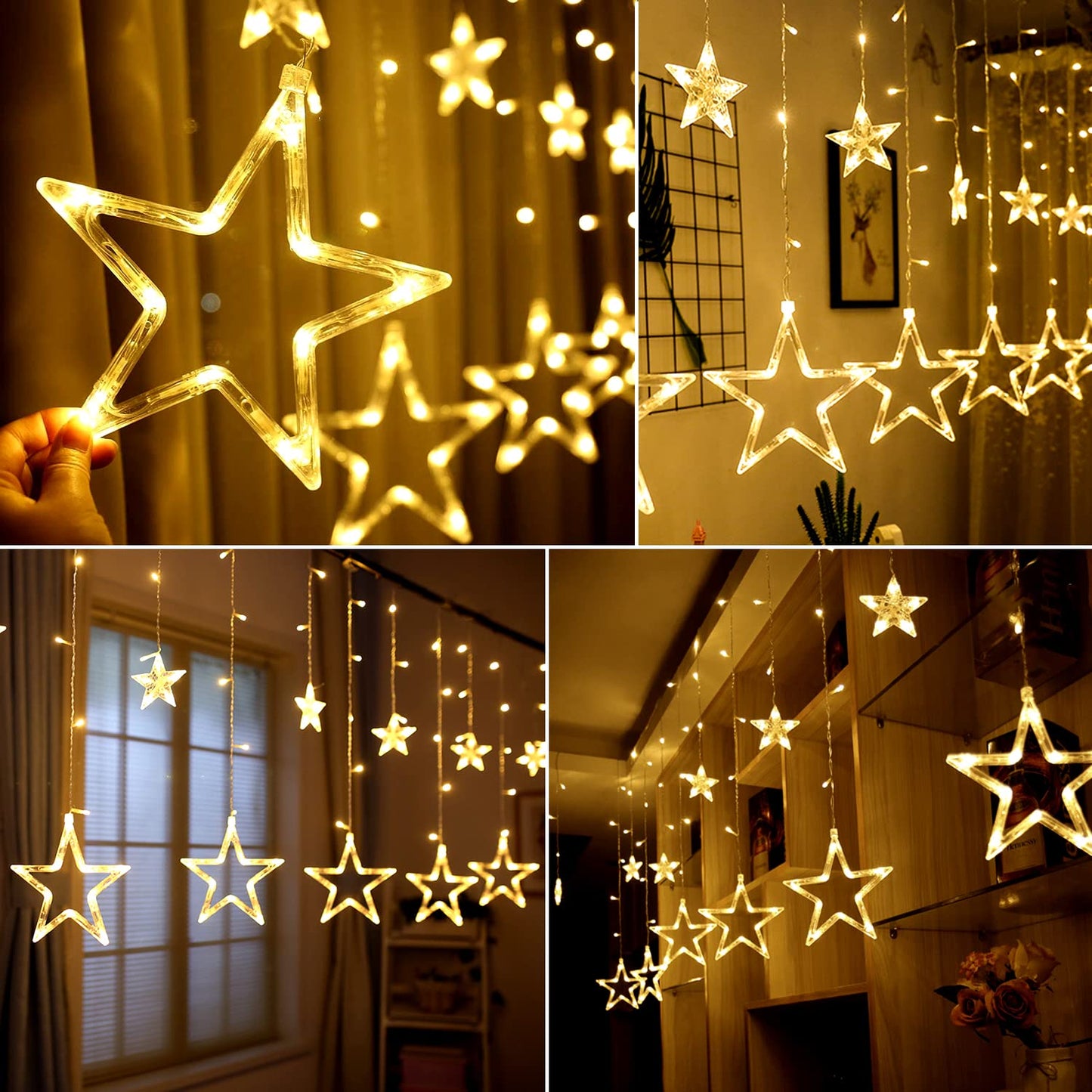 Blingstar Star Christmas Lights 138 LED 12 Star Curtain Lights 8 Flashing Mode Window String Lights 8.2ft Connectable Hanging Lights for Indoor Bedroom Ramadan Eid Wedding Backdrop Decor, Warm White