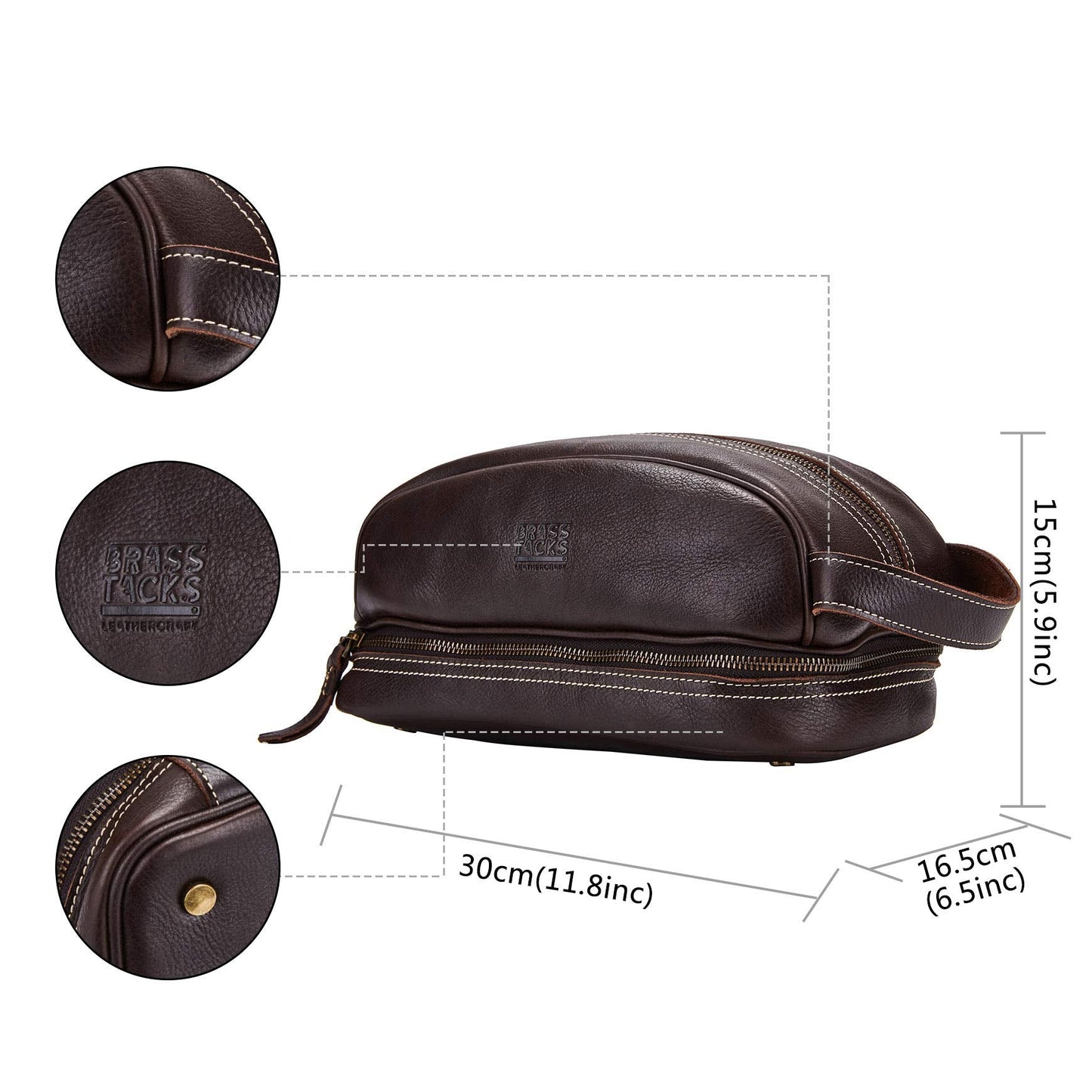 BRASS TACKS Leathercraft Travel Toiletry Organizer Dopp Kit Water-resistant Genuine Leather Shaving Bag for Toiletries Accessories For Men Women (Dark Brown)