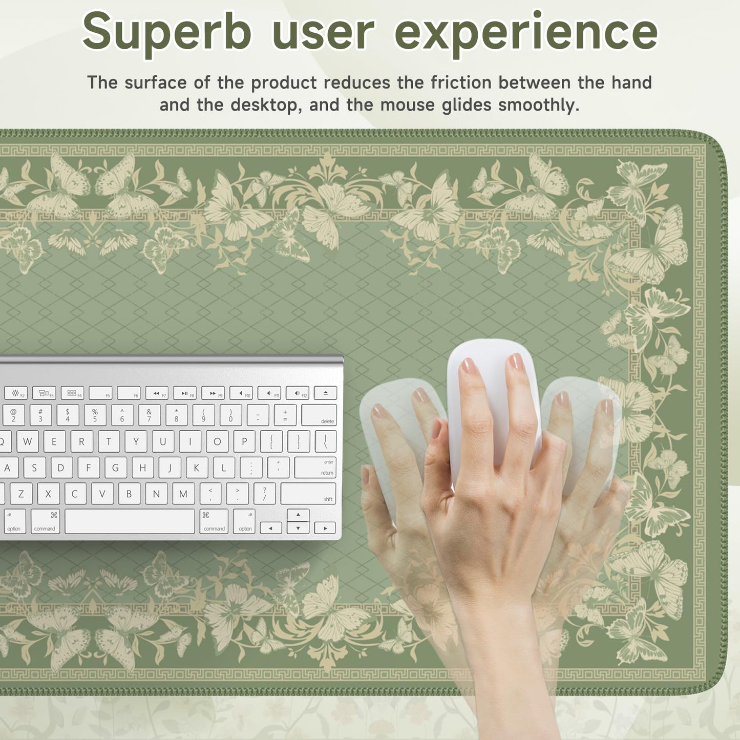 iCasso Floral Desk Mat for Keyboard and Mouse,Cute Gaming Mouse Pad XXL,Anti-Slip Desk Matt for Desktop,Soft Lycra Surface Computer Mat Women,Girly Big Mousepad for Home Office (Light Green)
