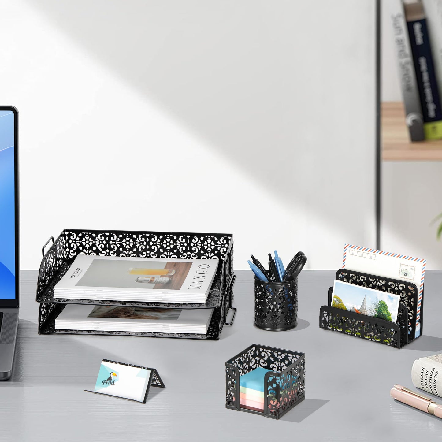 EasyPAG Desk Organizers and Accessories 5 Pieces Office Supplies Set - 2 Tier Paper Tray, Pencil Organizer for Desk, Mail Sorter Countertop, Business Card Holder and Sticky Note Holder, Black
