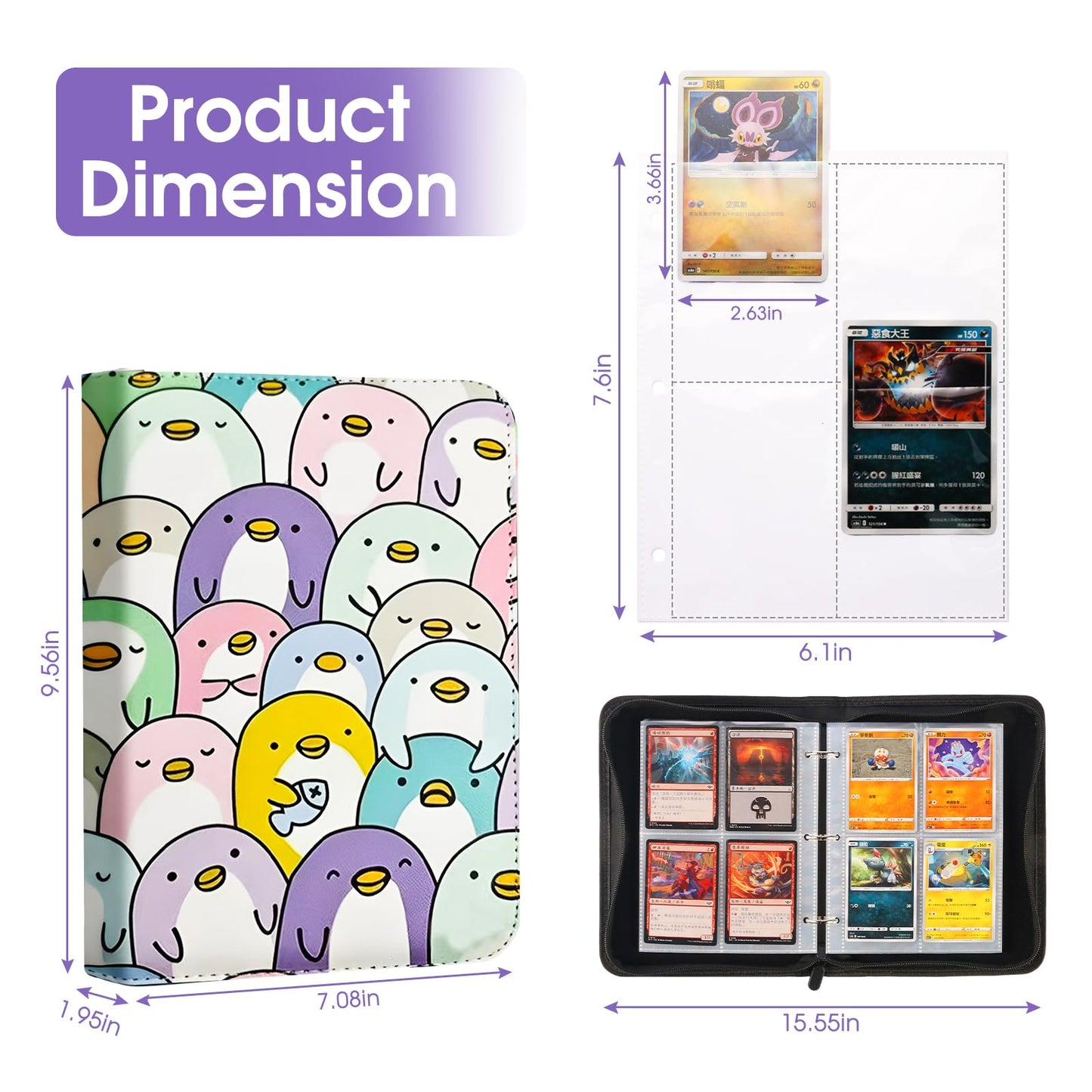 Trading Card Binder 4 Pocket with 50 Removable Sleeves, Card Holder Fits 400 Cards,Collection Album for Game Cards, Durable Collectible Storage Case for Girls and Boys(Penguin)
