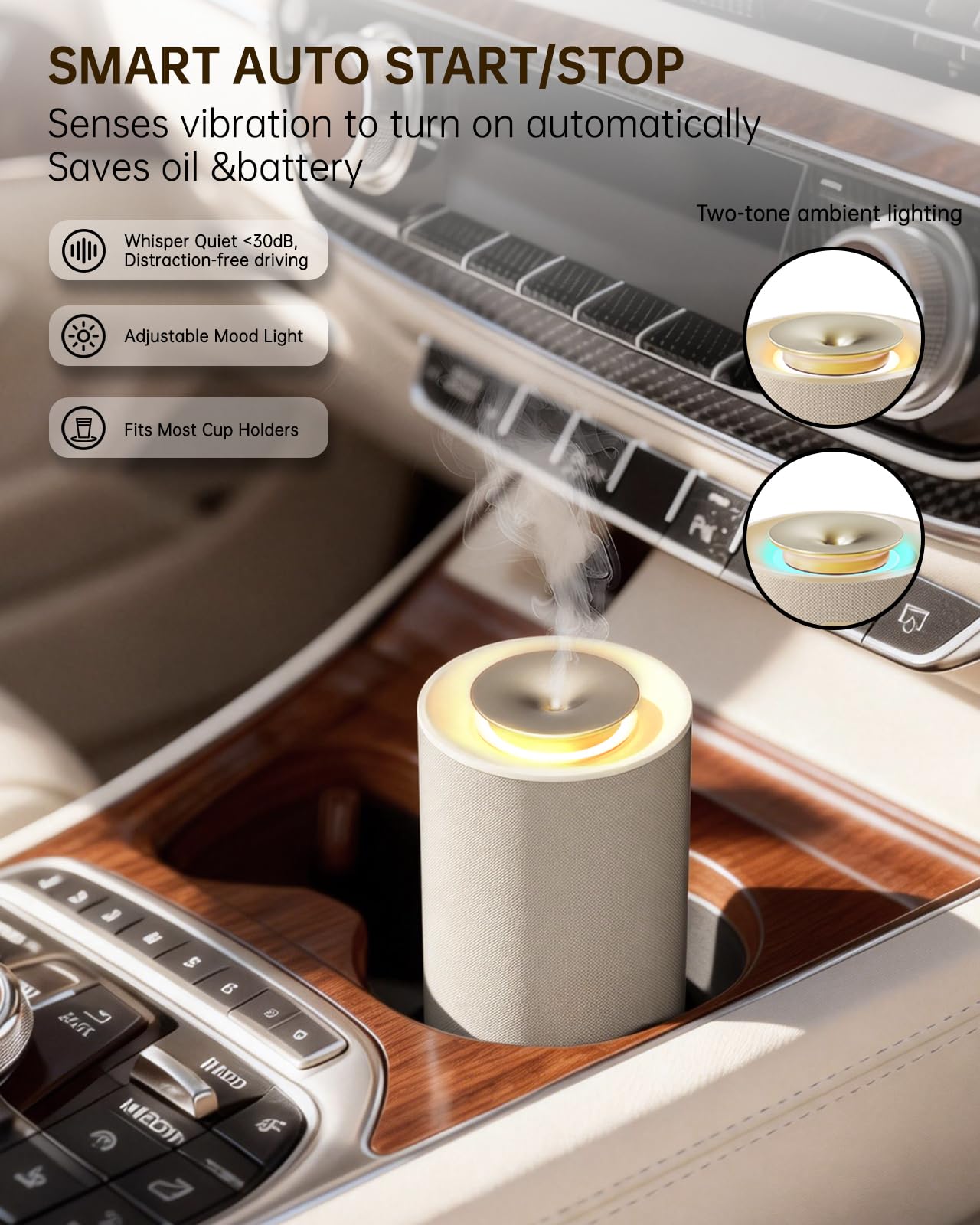 Waterless Essential Oil Diffuser,Portable Car Aromatherapy Diffuser,Rechargeable Cordless Scent Device with Fabric Design,Adjustable Mist & Ambient Light for Home, Office, Travel (Beige)