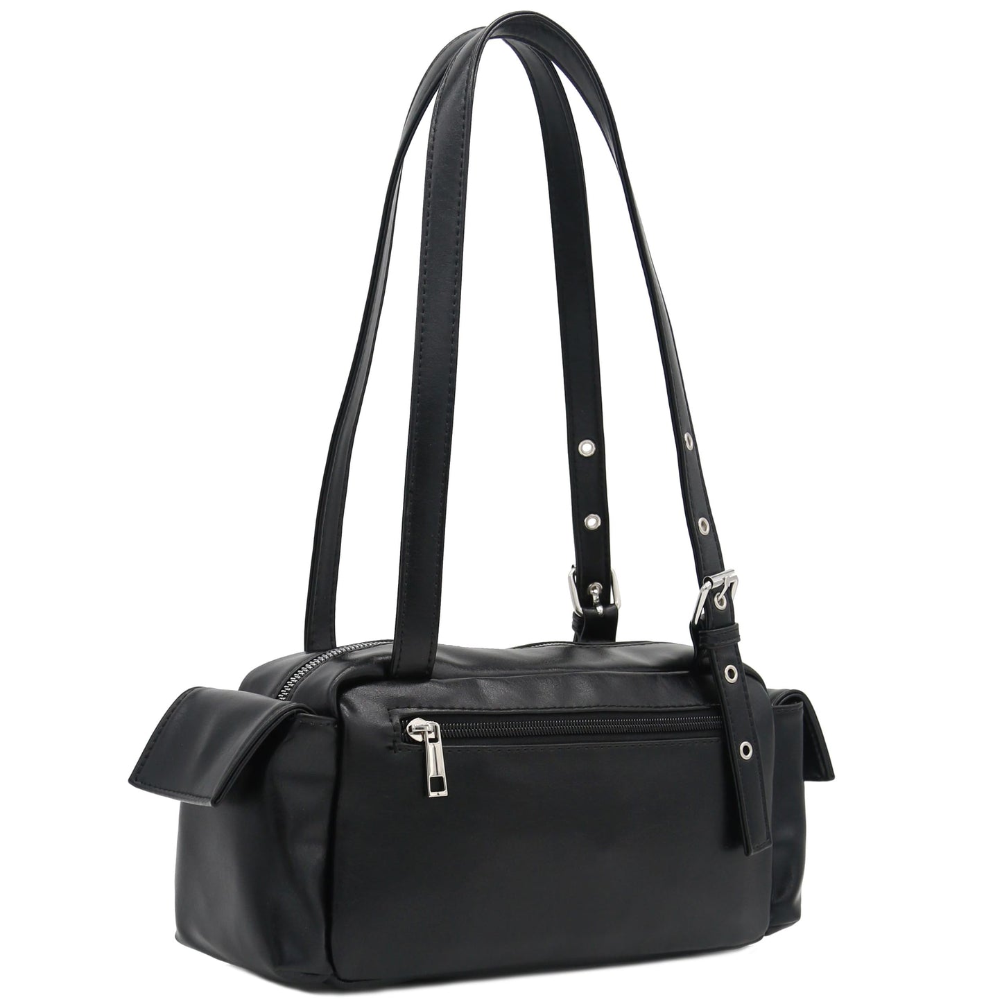 FashionPuzzle Glossy PU Leather Multi Pocket Shoulder Bag Satchel (Black)