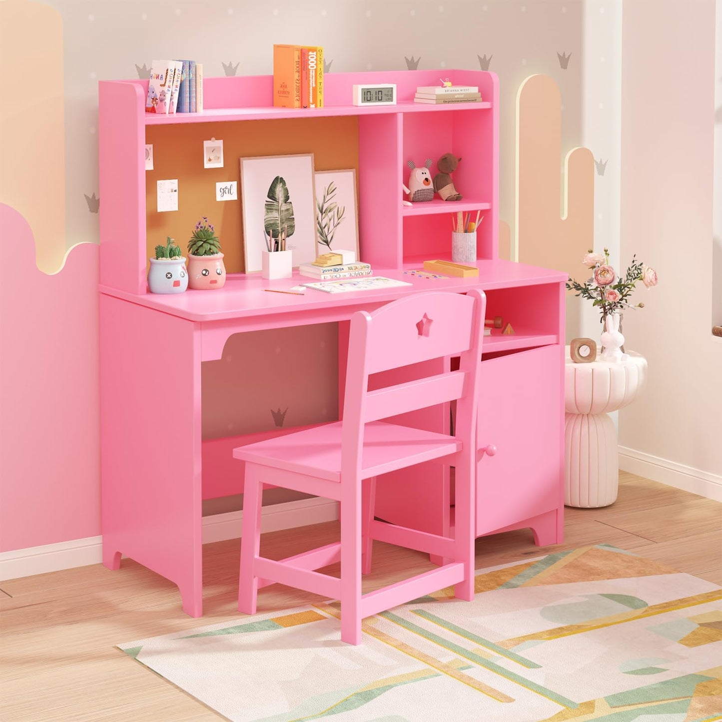 GAOMON Kids Desk & Chair Set with Hutch, Wooden Writing Table with Storage Cabinet for Kids Bedroom, Study Room, Computer Workstation, Pink