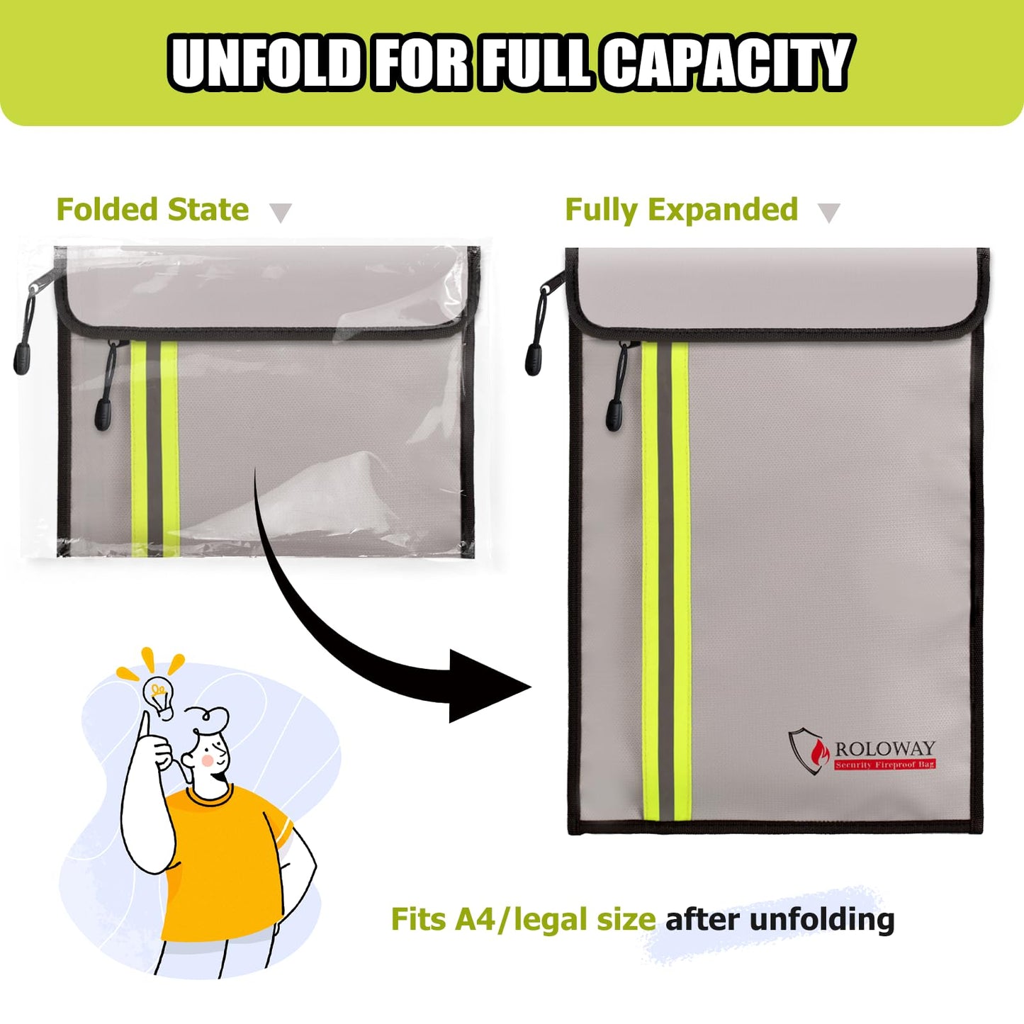 ROLOWAY Fireproof Document Bag (15 x 11 inch) with 2 Pockets, Fire Safe Envelope Bag for Cash, Legal Documents (Silver)