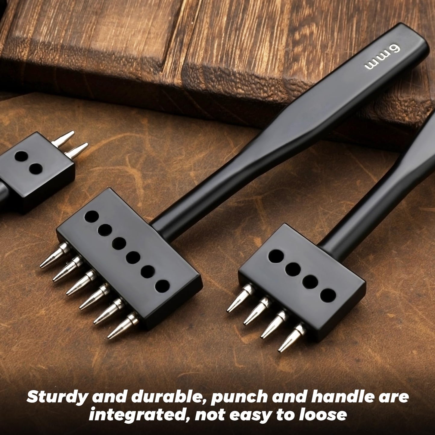 DIUDUS Leather Hole Punch, Prong Punch Tool 6mm 2/4/6 Lacing Stitching Punch, Round Hole Prong Stitching Chisel Set Leatherworking Tools for Leathercraft