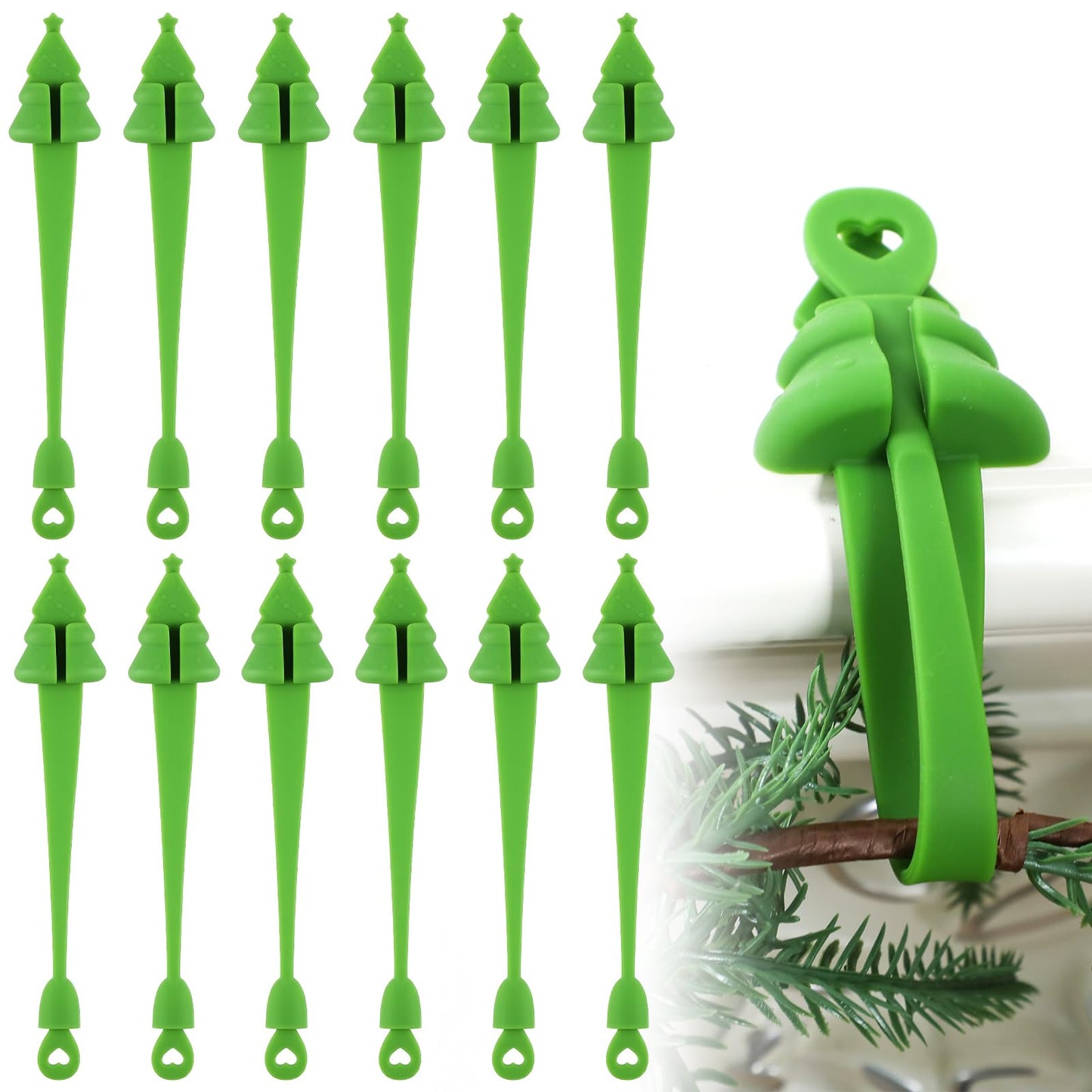 XunYee 12 Pcs Christmas Garland Hangers for Mantle,Fireplace Garland Hanger, Christmas Tree Shaped Ties Stocking Holder, Reusable Silicone Adhesive Straps for Stairways Banister Staircase
