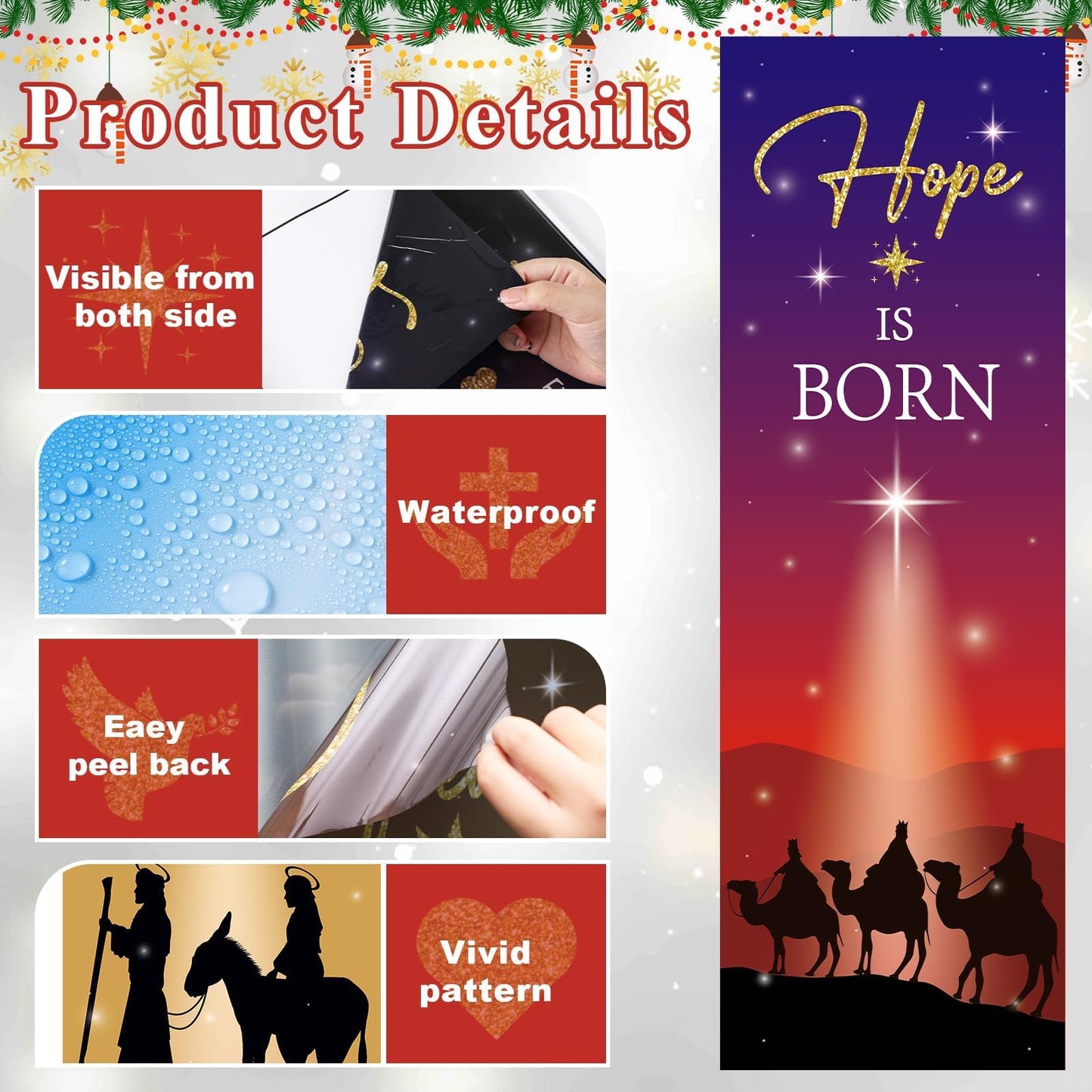 4Pcs Christmas Nativity Large Window Clings Decorations Religious Jesus Christmas Window Decals Nativity Scene Love Hope Joy Peace Double-Side Stickers for Xmas Holiday Party Home Church School Decor
