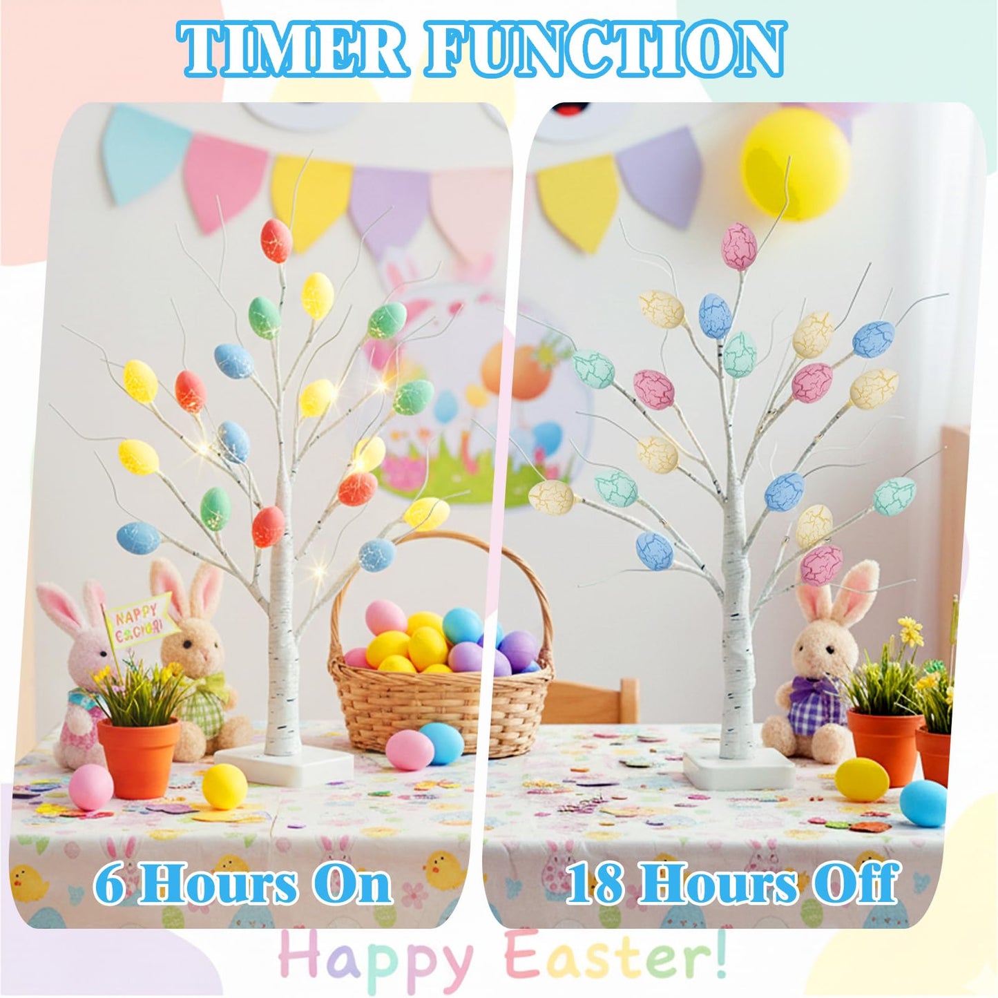 Vanthylit Easter Decorations, 2 Pack Lighted Easter Tree Battery Operated with Timer, 22 Inch LED Birch Tree with 36 Egg Ornaments Indoor Tabletop Centerpiece Light for Home Decor