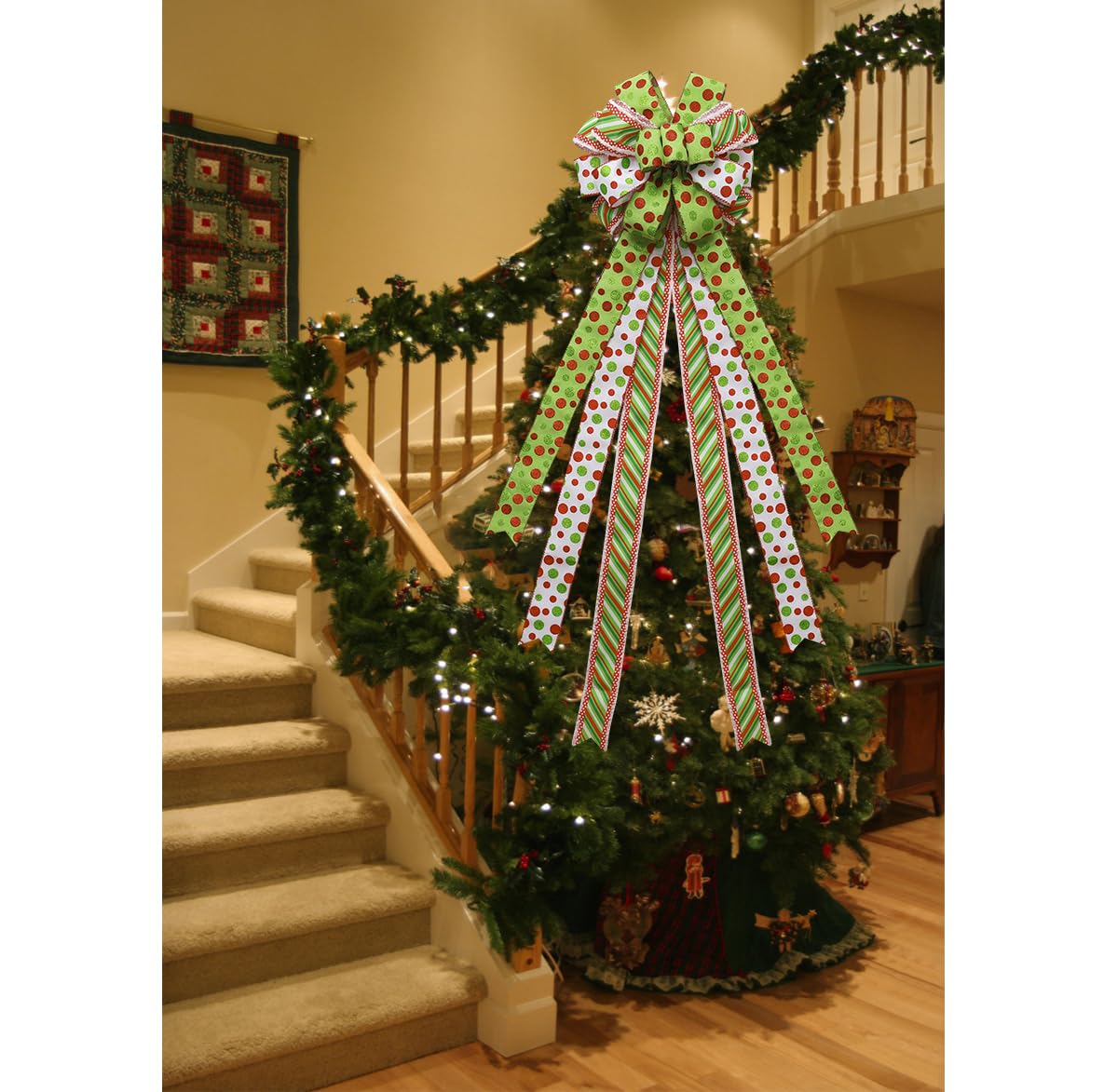 Fvviia Christmas Tree Topper Wreath Large Green Christmas Bow Tree Topper, Red Green Dot Polyester Gift Bow for Xmas Ornament Holiday Handmade Home Wedding Indoor/Outdoor Decoration-13 x 45 Inch