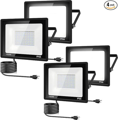 4Pack-150W LED Flood Light Outdoor,15500LM LED Work Light with US Plug,6000K Daylight White,IP67 Waterproof Outdoor Floodlights for Yard,Garden,Playground