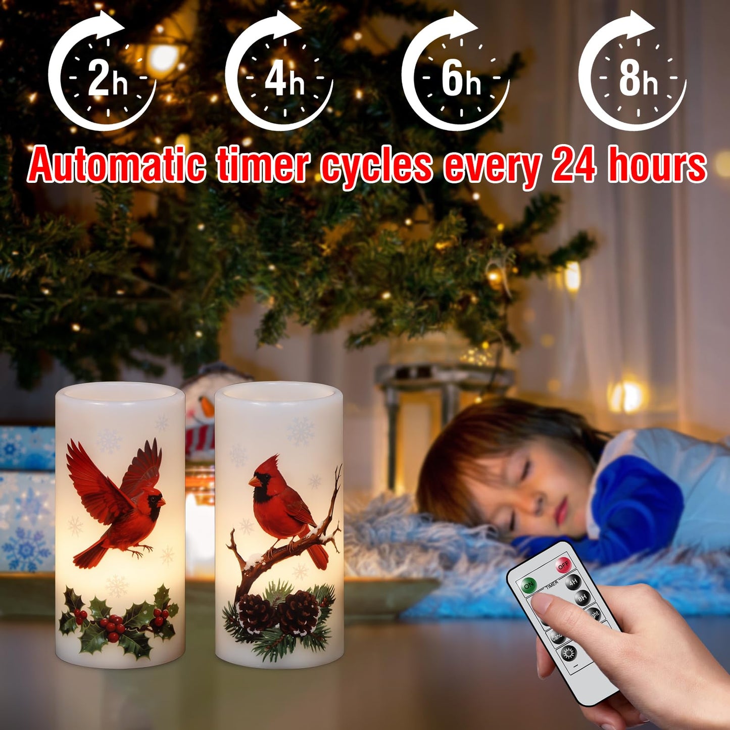 Lasumora Christmas Cardinal Flameless Pillar Candles with Remote Timer, LED Candles in Real Wax Holder, Battery Operated Candle for Christmas Décor Indoor Xmas Gifts(2 Pack, 3” x 6”)