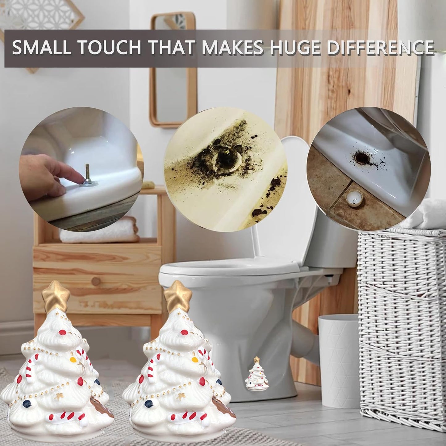 2Packs Christmas Tree Toilet Bolt Covers Decorative Tall Toilet Bolt Caps for Christmas Bathroom Decor, Toilet Caps for Bottom of Toilet, Ceramic Toilet Screw Cover Caps, Easy Installation (White-A)