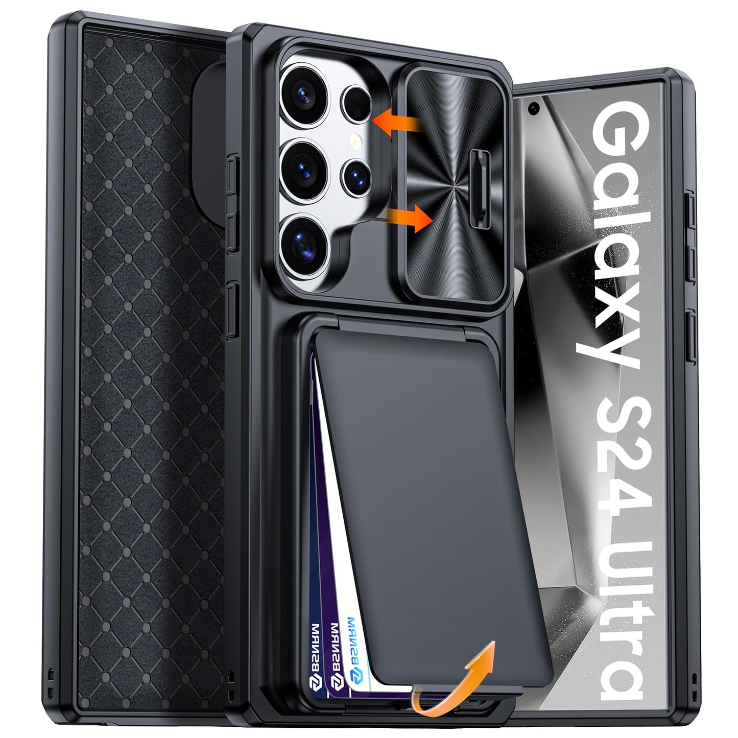 BSNRM for Samsung Galaxy S24 Ultra Case Wallet with RFID Blocking, Card Holder, Slide Camera Lens Cover, Silicone Edge Raised, Rugged Heavy Duty Phone Cover Case for Galaxy S24 Ultra, 2024, Black