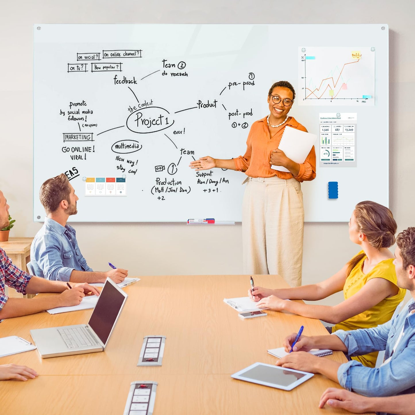 Magnetic Glass Whiteboard 6'x4', 72"x48" Glass Dry Erase Board for Wall Mounted, Large Commercial Board Frameless for Office, Classroom & Home